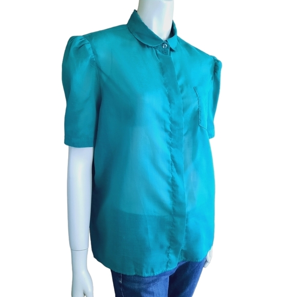 VINTAGE 80s Top Size Medium Semi Sheer Cotton Kelly Green Short Poof Sleeves - Picture 3 of 11
